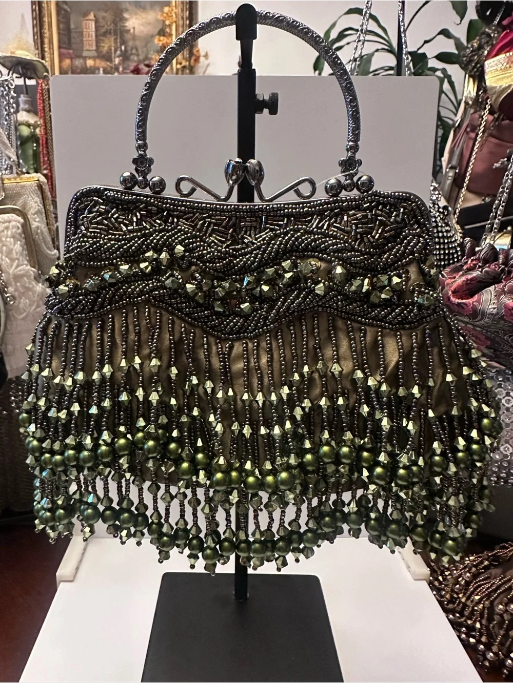 Olive Green Satin Beaded Mary Frances Inspired design Clutch/Purse with chain NW